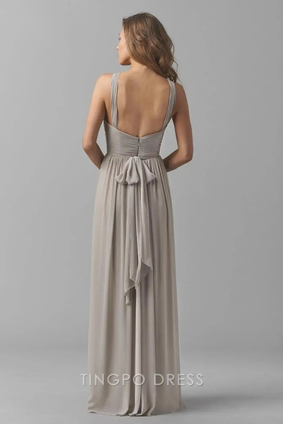 TingPo Wholesale Elegant Light Grey Cross Halter Dress - Ruched Waist Maxi Evening Gown
